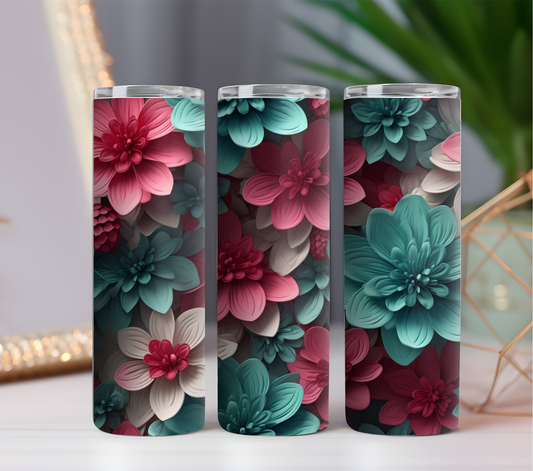 Seamless Pink & Teal Flowers 1 - 20oz Skinny Tumbler Design