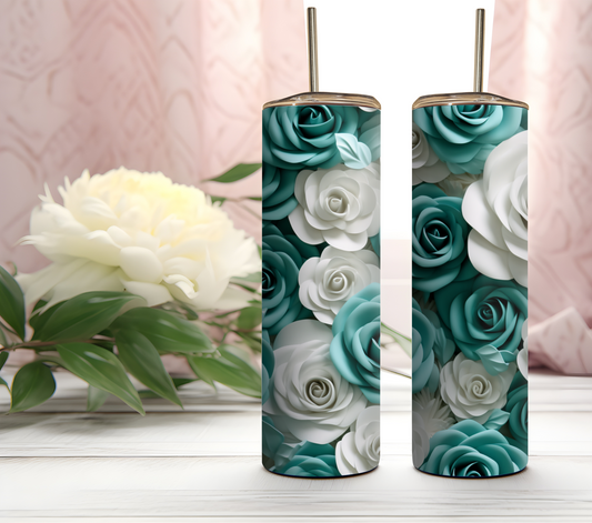 Seamless White & Teal Roses 1 - 20oz Skinny Tumbler Design