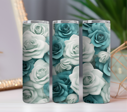 Seamless White & Teal Roses 2 - 20oz Skinny Tumbler Design
