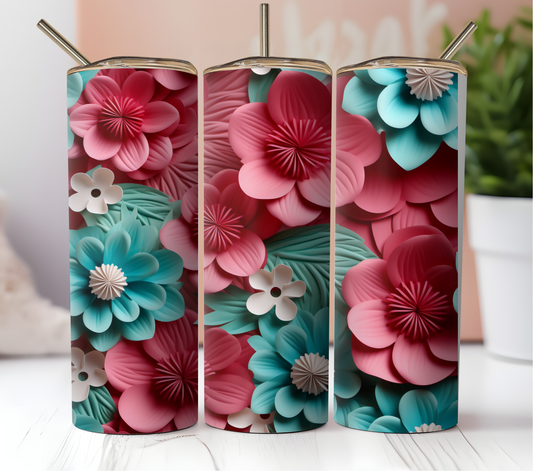 Seamless Pink & Teal Flowers 2 - 20oz Skinny Tumbler Design